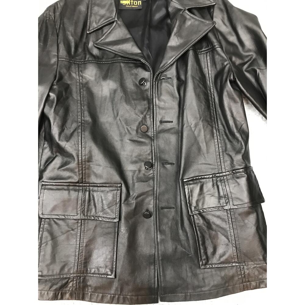Sutton California Leather Jacket Mens 42 Black Car Coat Button Front Lined - Picture 7 of 16